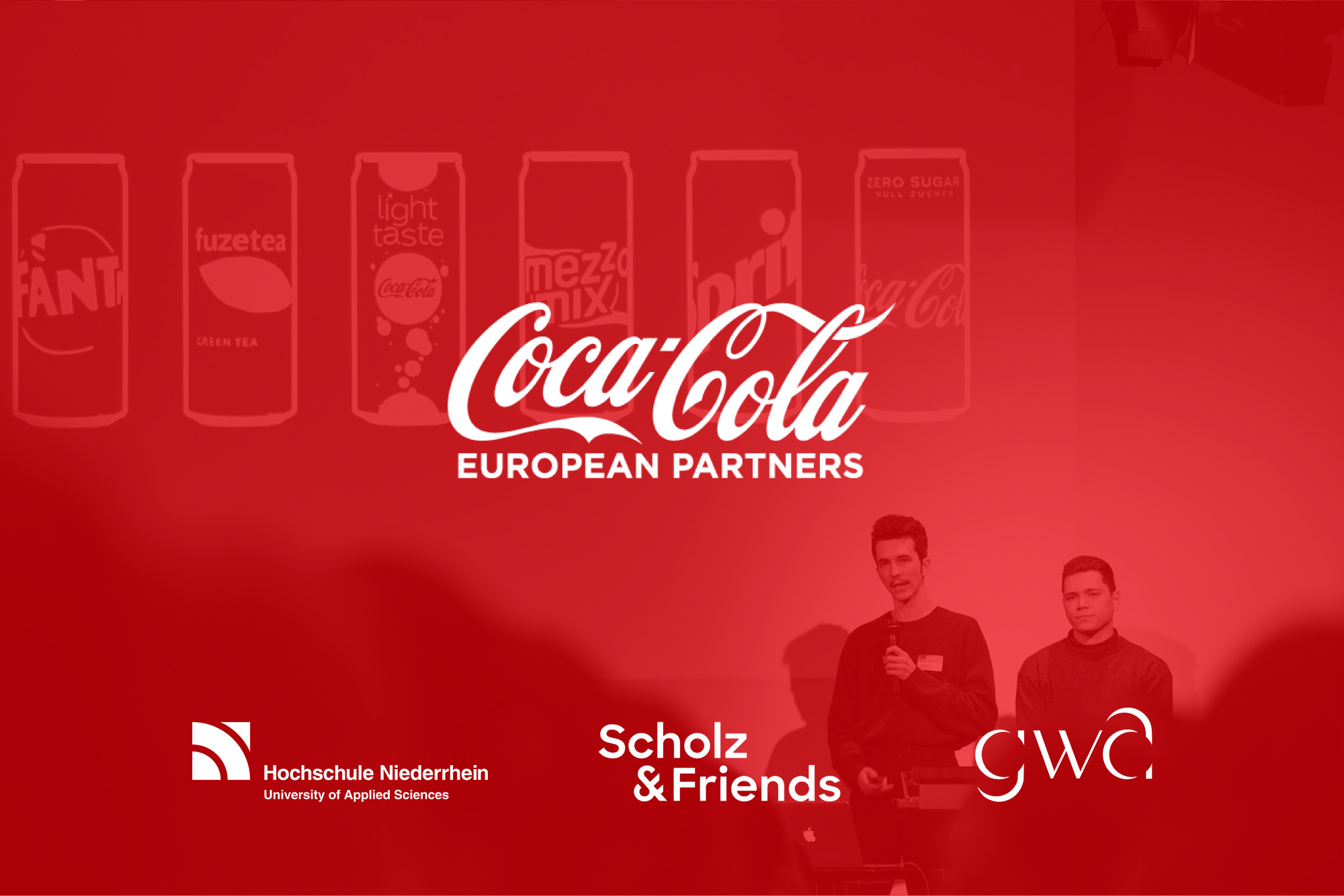 ein foto der präsentation beim gwa junior agency 2020, bei dem wir bronze gewonnen haben. dazu die logos von coca cola, der hochschule niederrhein, scholz & friends und des gwa