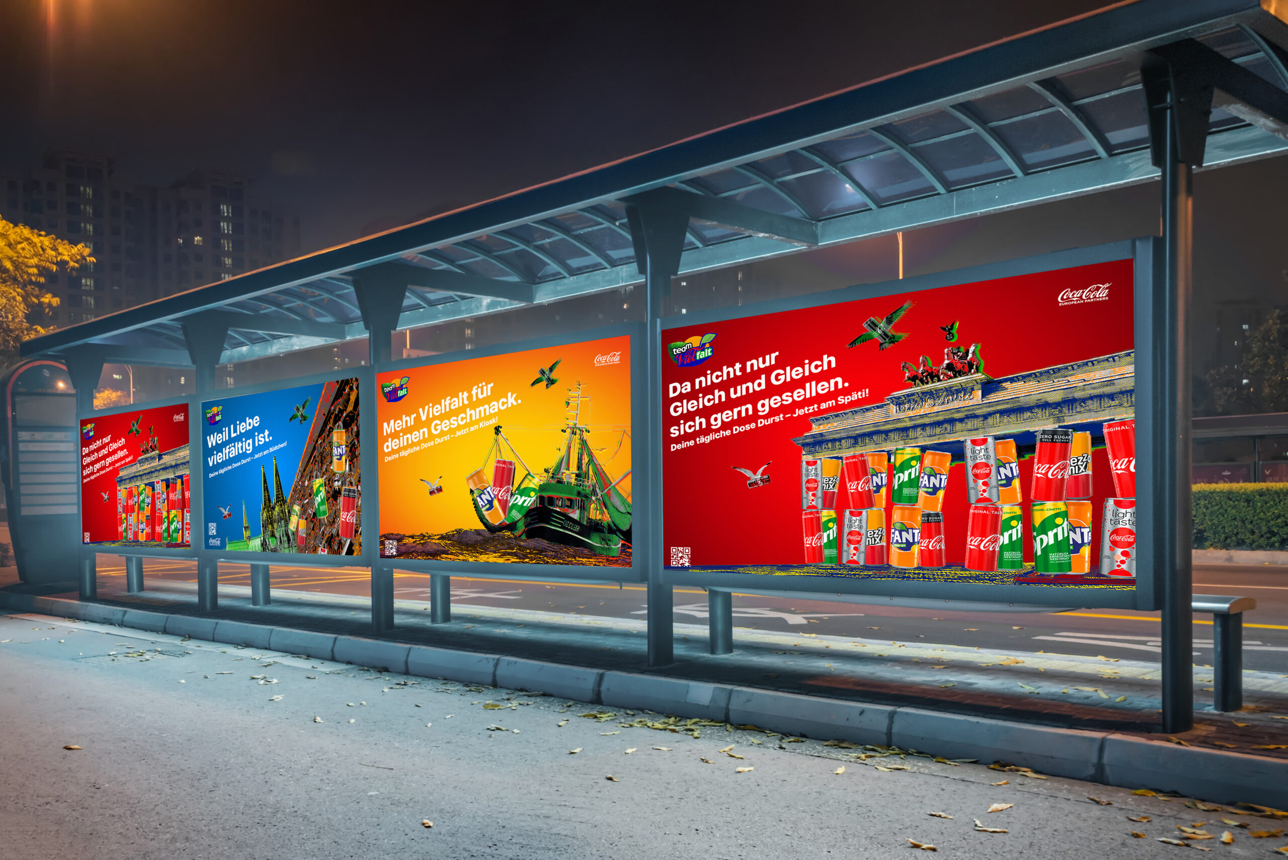 eine plakatserie der initiative team vielfalt der coca cola european partners zur bewerbung der kioskkultur und 0,33 liter getränkedosen