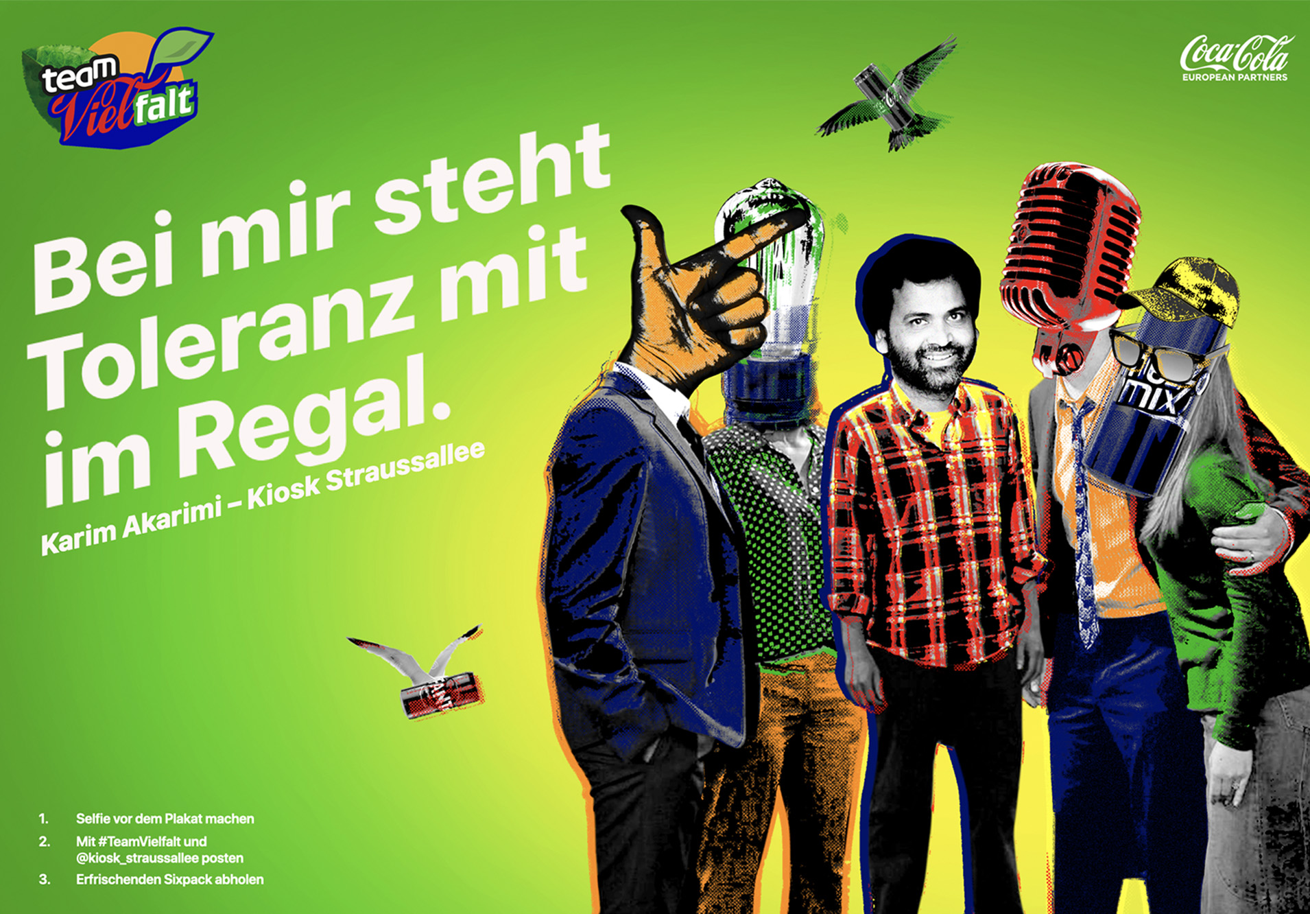 ein plakat der initiative team vielfalt der coca cola european partners in kooperation mit kioskbesitzer:innen