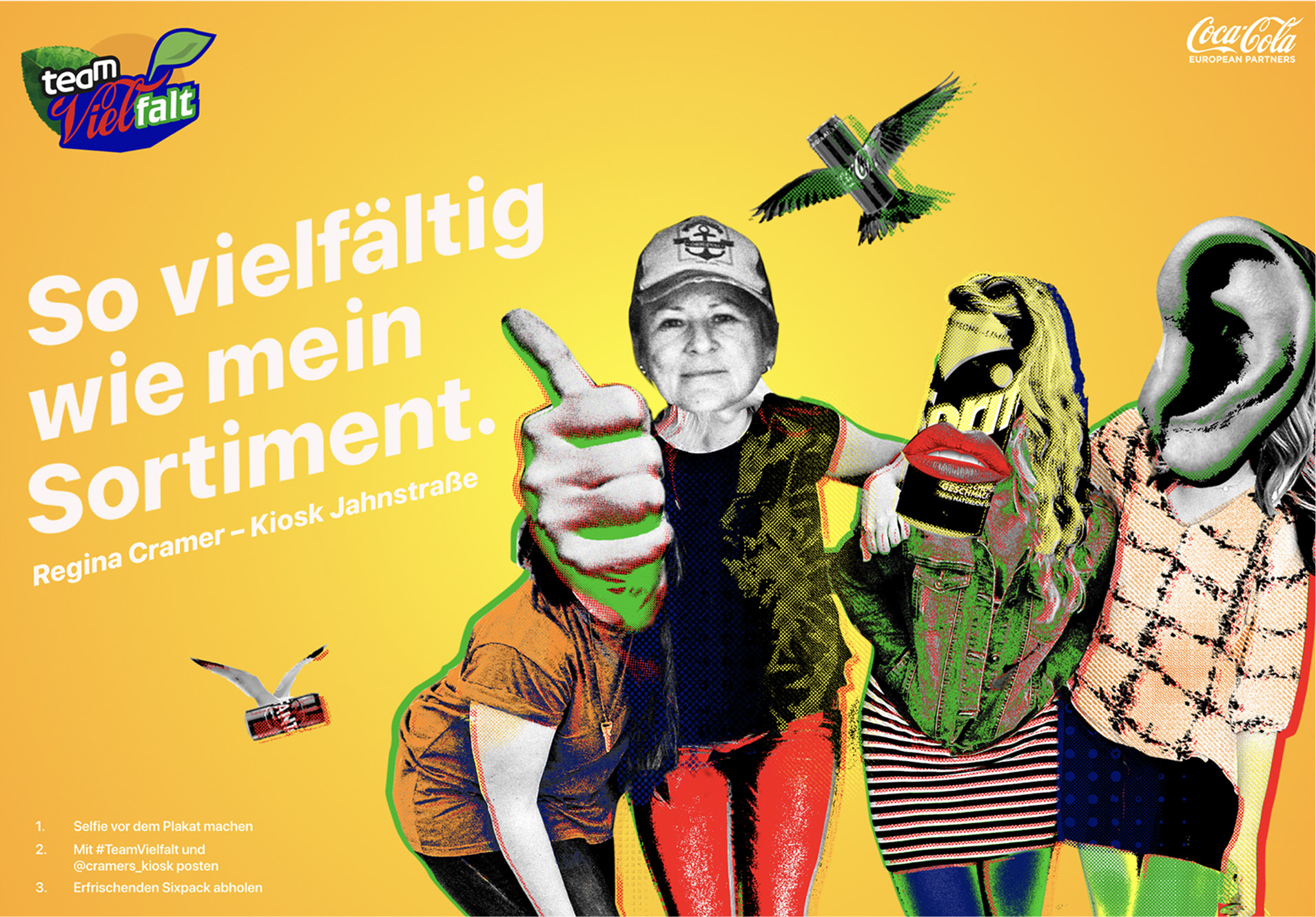 ein plakat der initiative team vielfalt der coca cola european partners in kooperation mit kioskbesitzer:innen